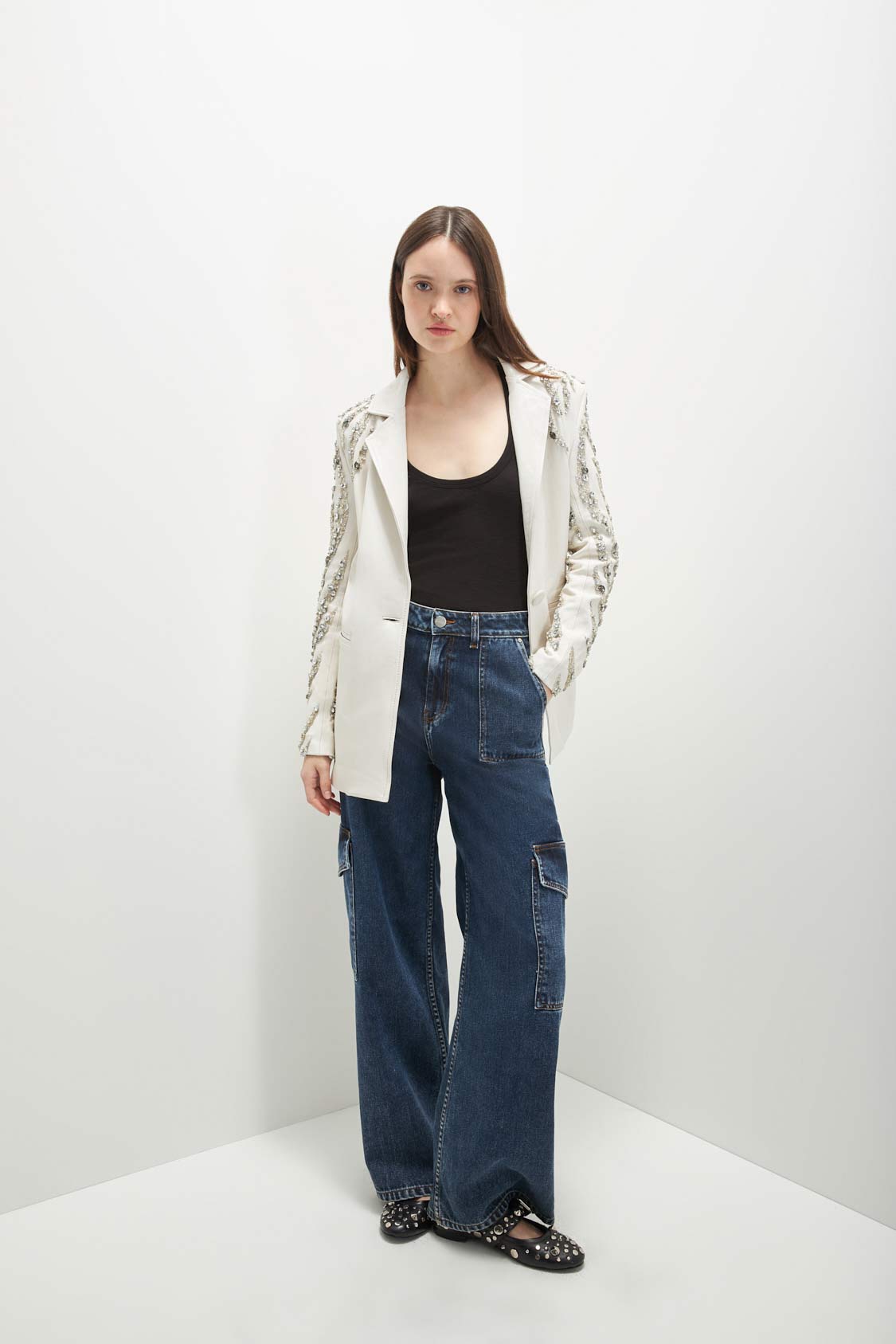 Luxury Hand-embroidered Lamb Leather Addison Blazer / White
