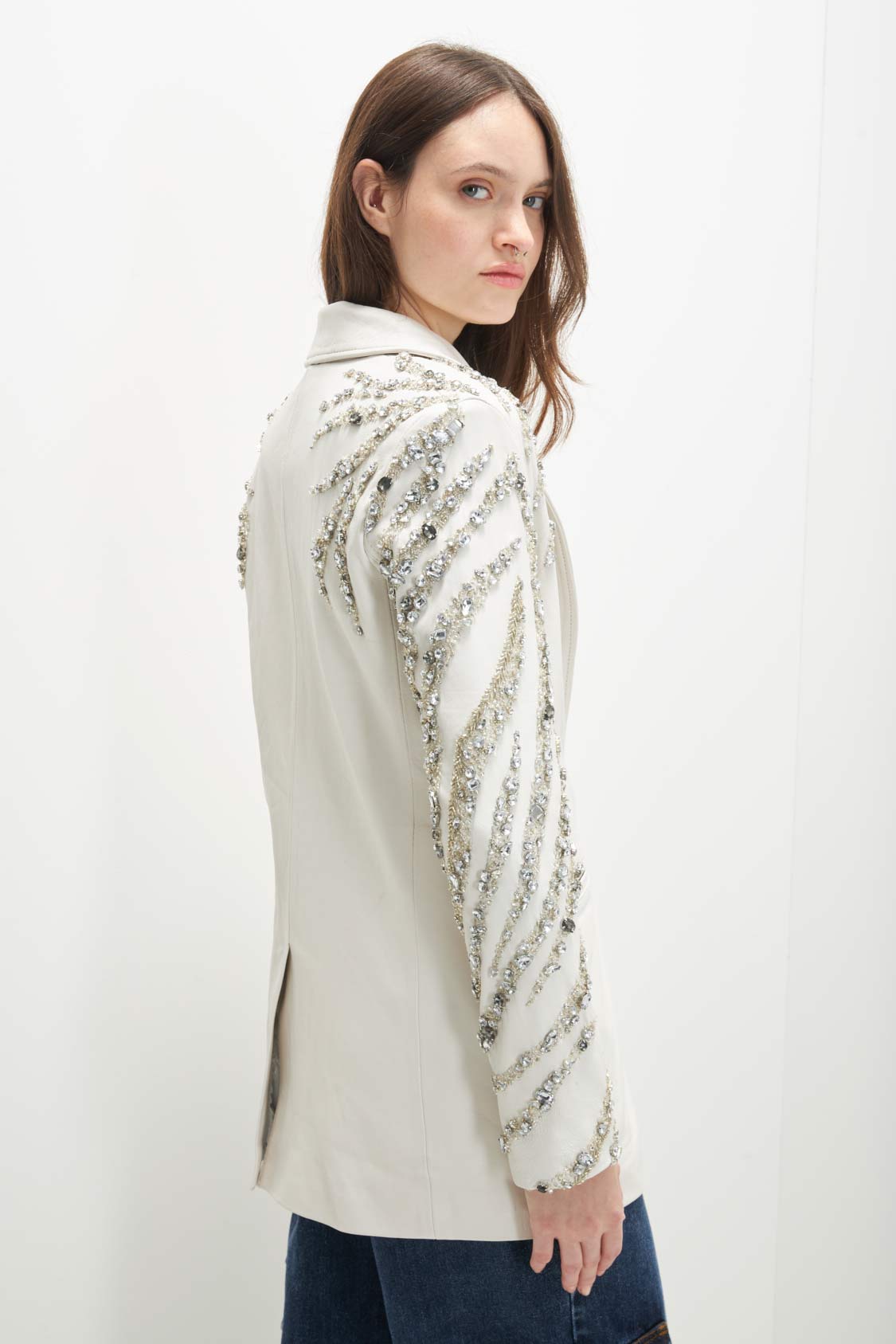 Luxury Hand-embroidered Lamb Leather Addison Blazer / White