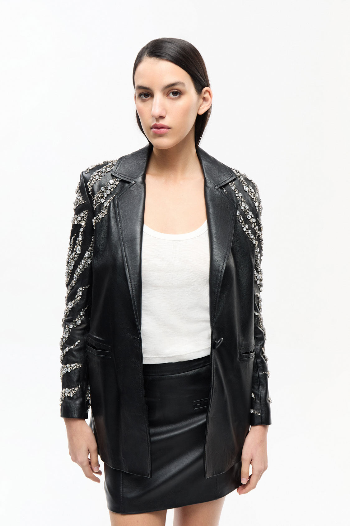 Luxury Hand-embroidered Lamb Leather Addison Blazer / Black