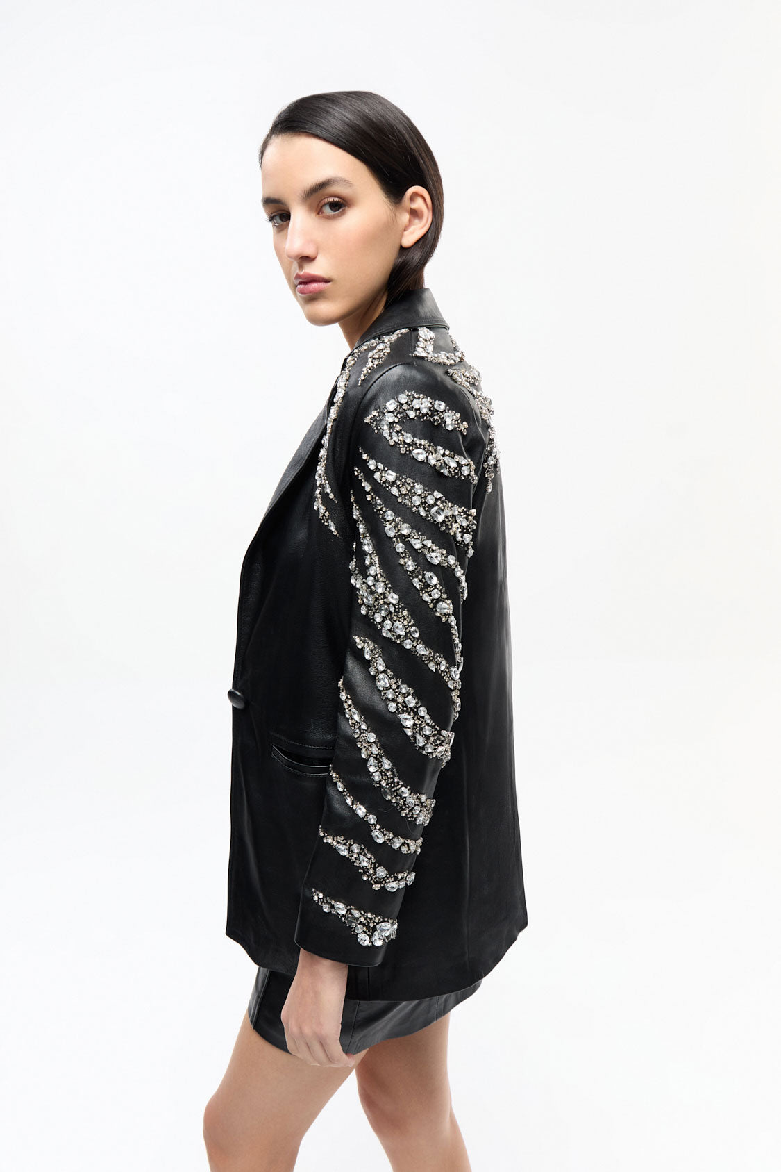 Luxury Hand-embroidered Lamb Leather Addison Blazer / Black